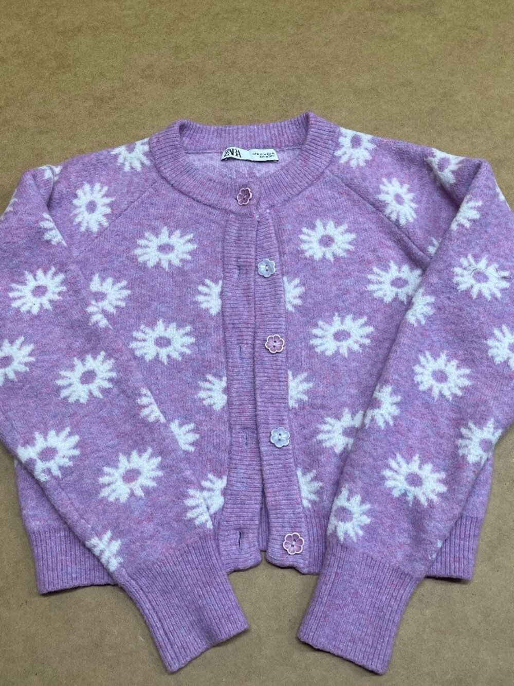 Zara Purple Med Daisy Floral Jacquard Knit Cardigan Sweater Flower Buttons